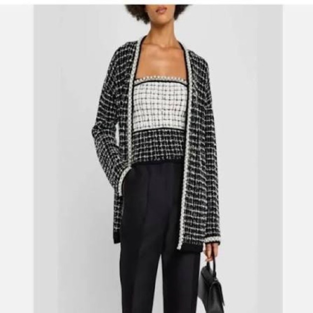 Alice + Olivia Bradford Collegiate Tweed Classic Cardigan Pearl Size L NWT